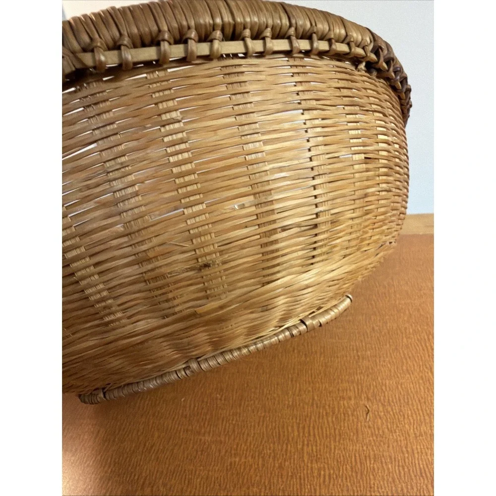 Vintage Round Natural Brown Wood Woven Wicker 2 Handles Basket 12